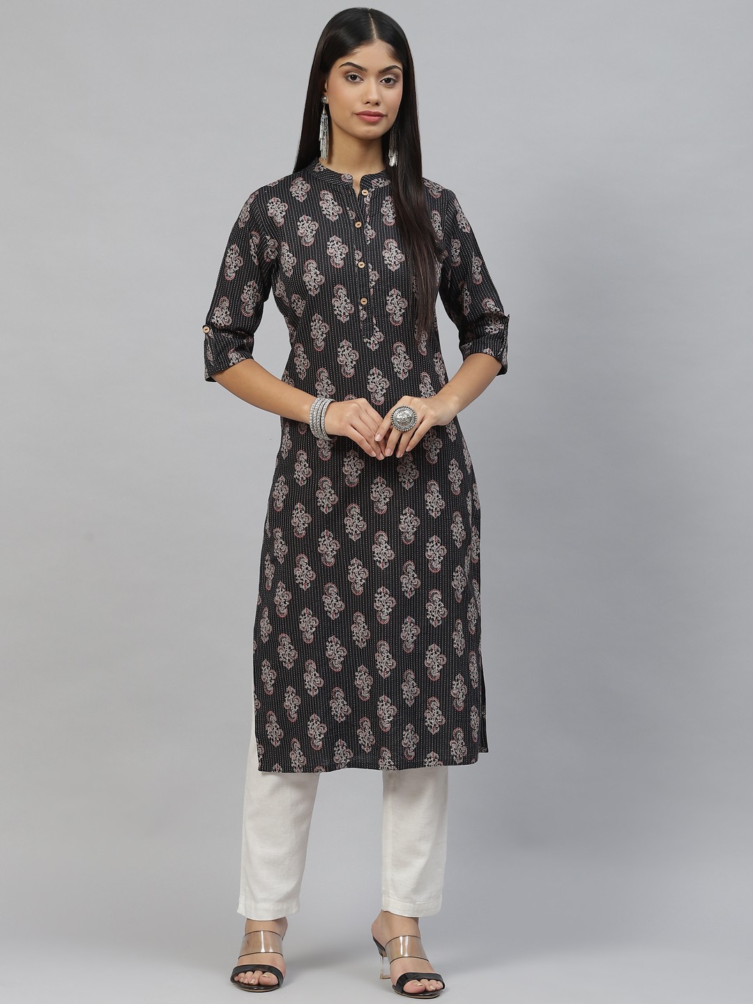 

Divena Women Black & Grey Ethnic Motifs Printed Cotton Kantha Work Kurta