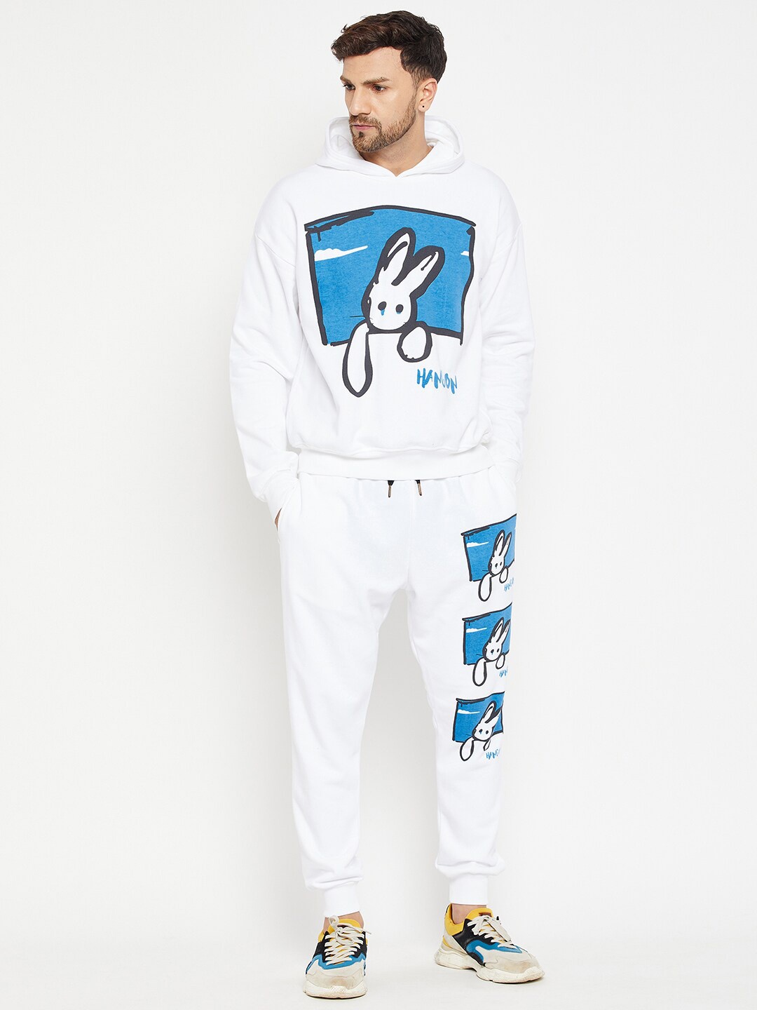 

FUGAZEE Men White & Blue Printed Hooded T-shirt with Trousers