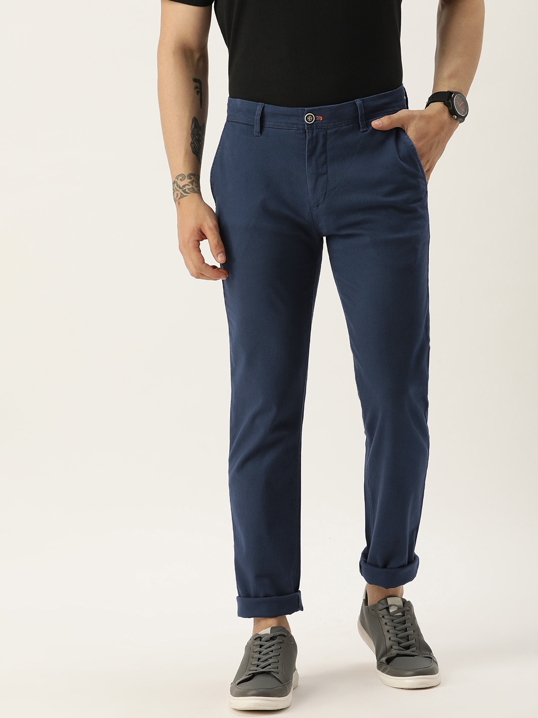 

Peter England Casuals Men Mid-Rise Super Slim Fit Trousers, Navy blue