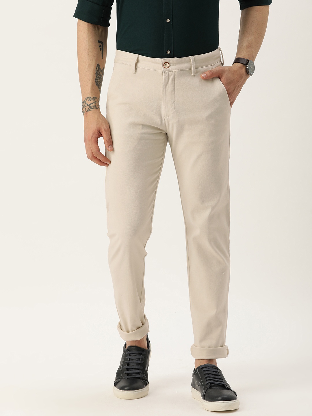 

Peter England Casuals Men Mid-Rise Super Slim Fit Trousers, Beige