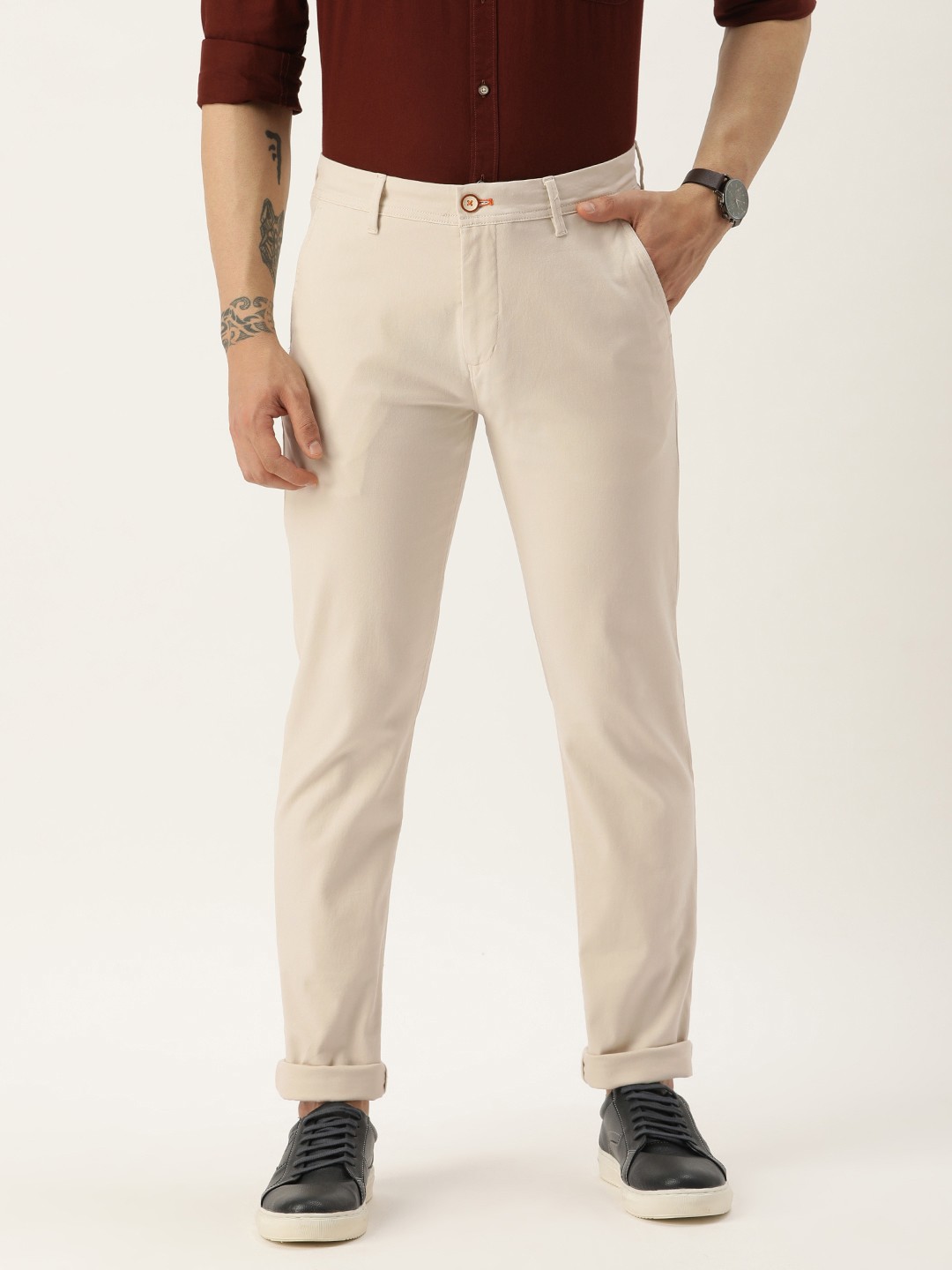 

Peter England Casuals Men Solid Super Slim Fit Trousers, Cream