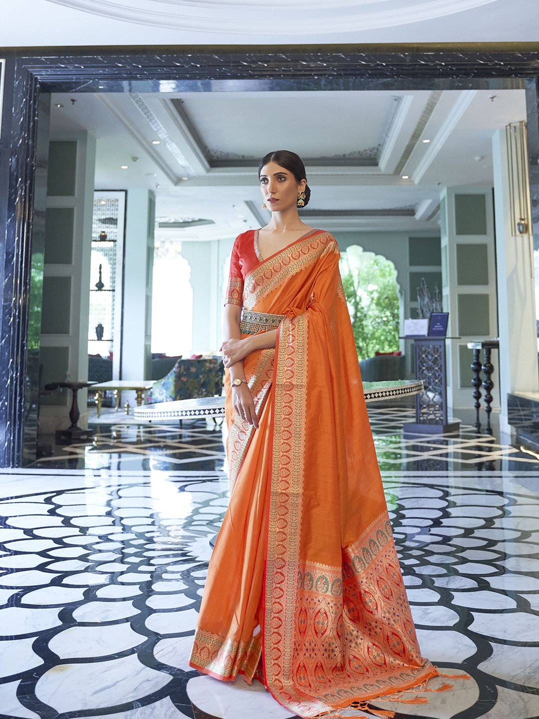 

elora Orange & Red Zari Silk Blend Saree