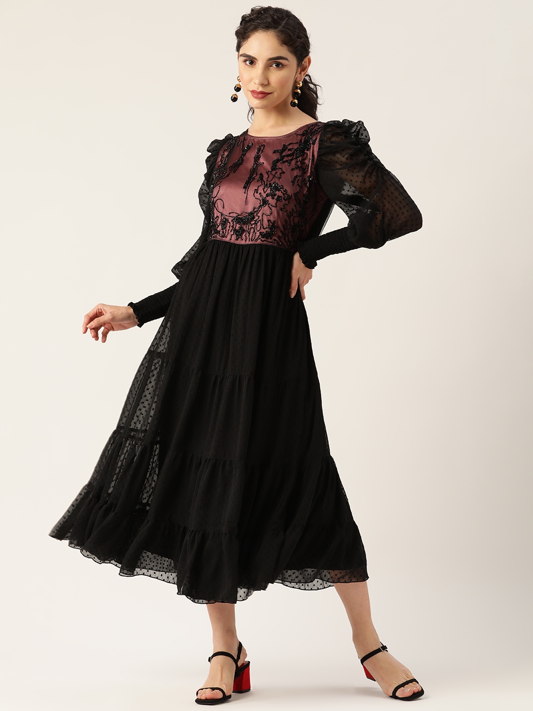 

Antheaa Black Floral Embellished Net Tiered Ethnic Midi Dress