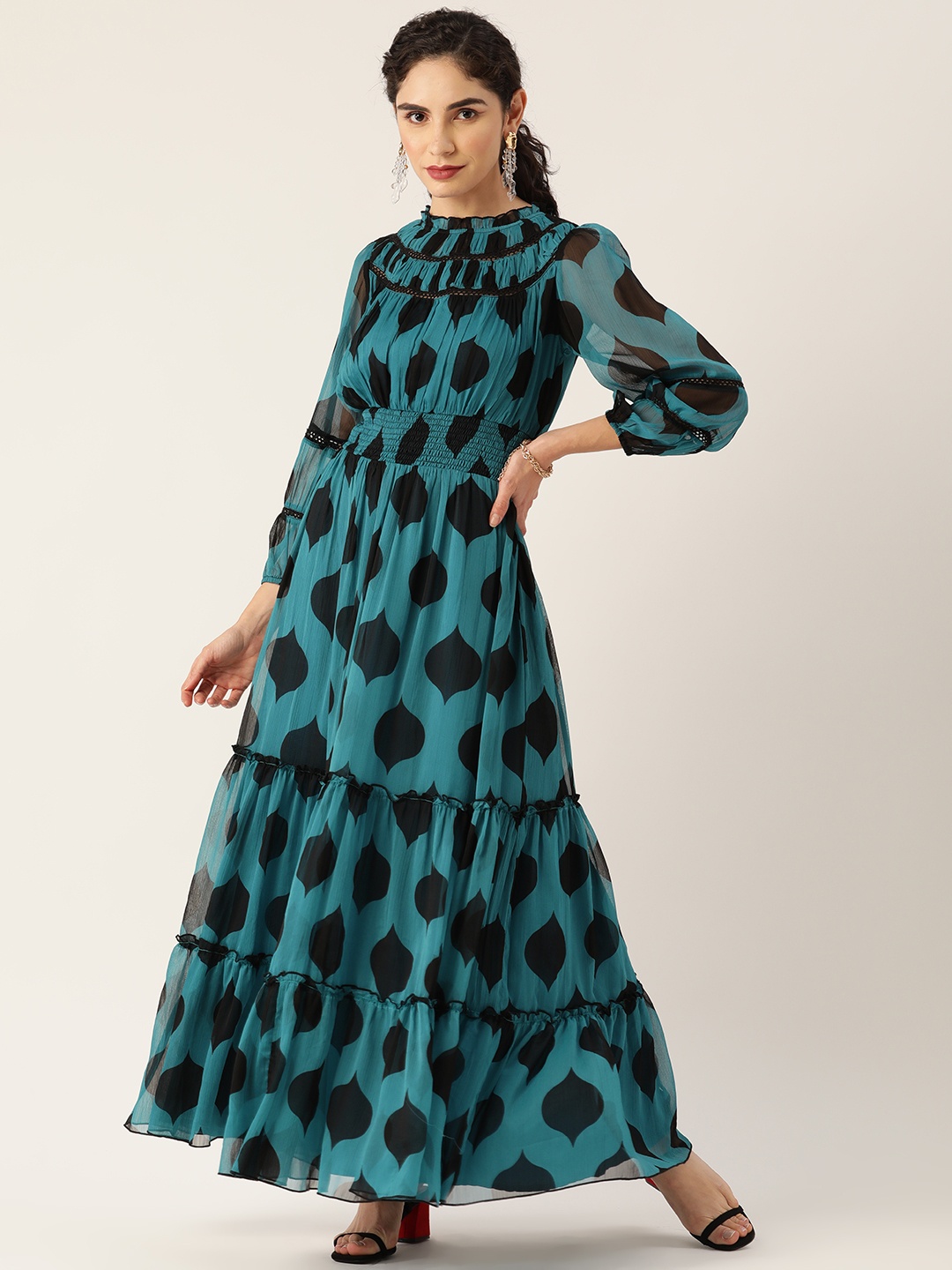 

Antheaa Teal Green & Black Printed Tiered Maxi Dress