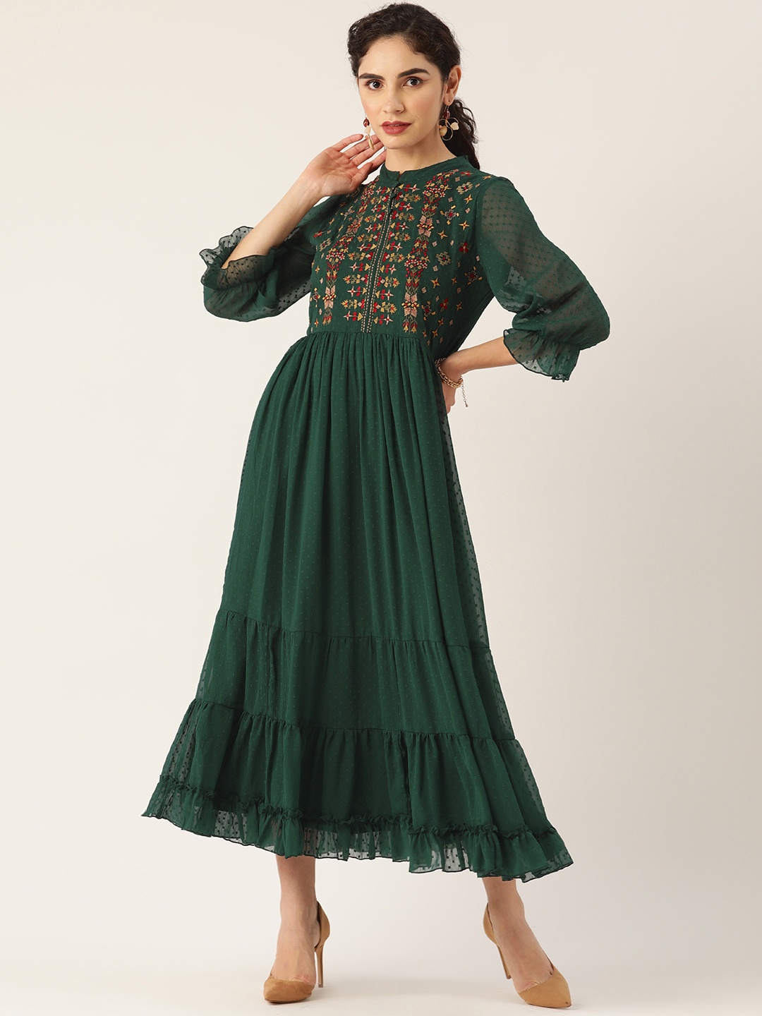 

Antheaa Green Dobby Weave Embroidered Tiered A-Line Midi Dress