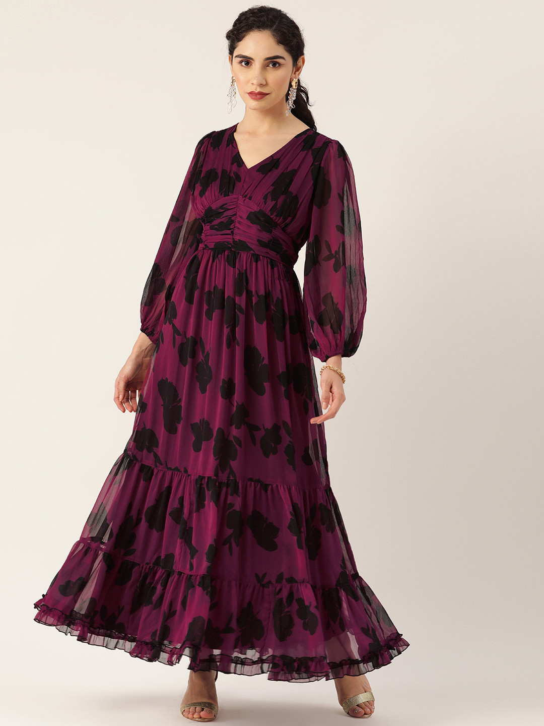 

Antheaa Purple & Black Printed Tiered Maxi Dress