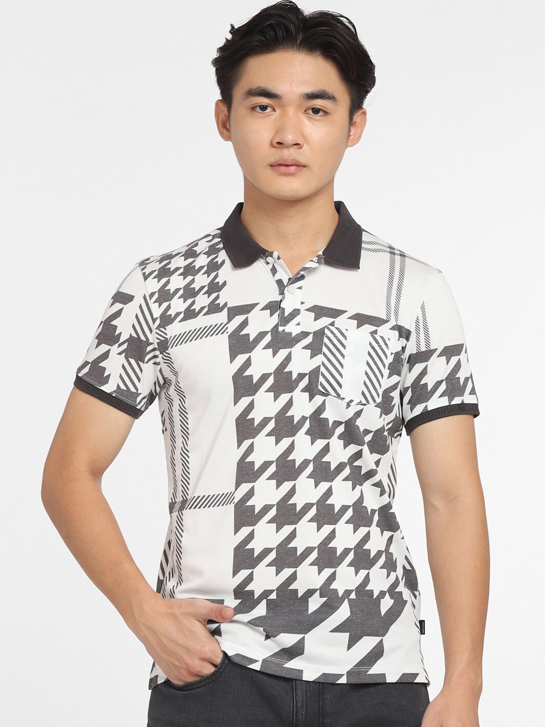 

Jack & Jones Men White & Grey Printed Polo Collar Slim Fit Cotton T-shirt