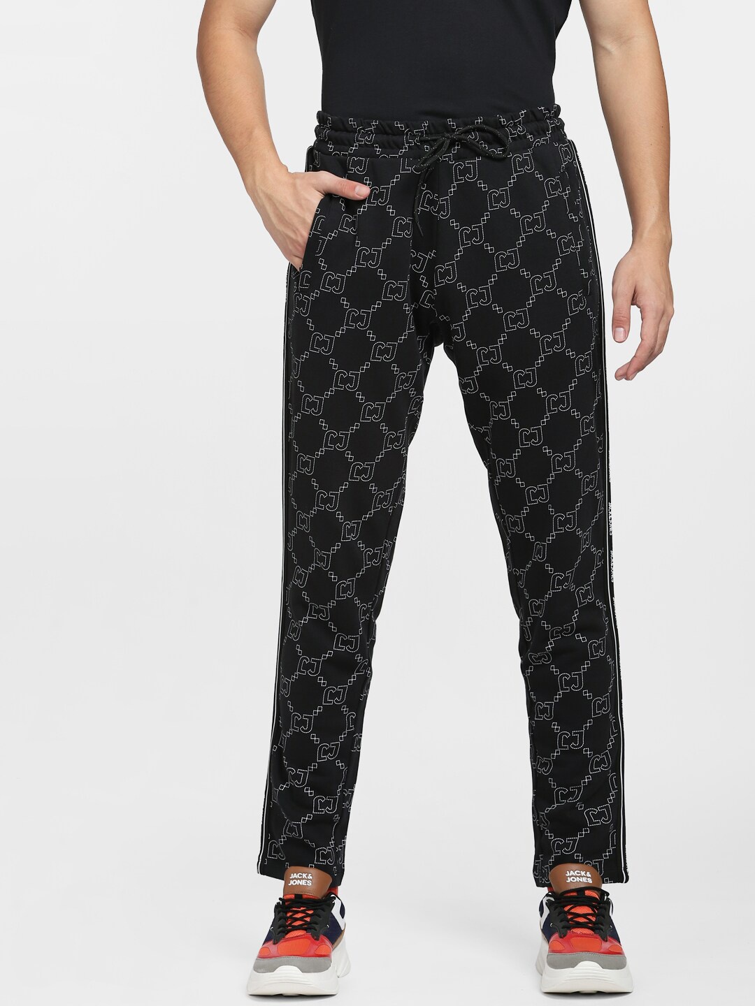 

Jack & Jones Men Black Printed jjpr bristol Cotton Track Pants