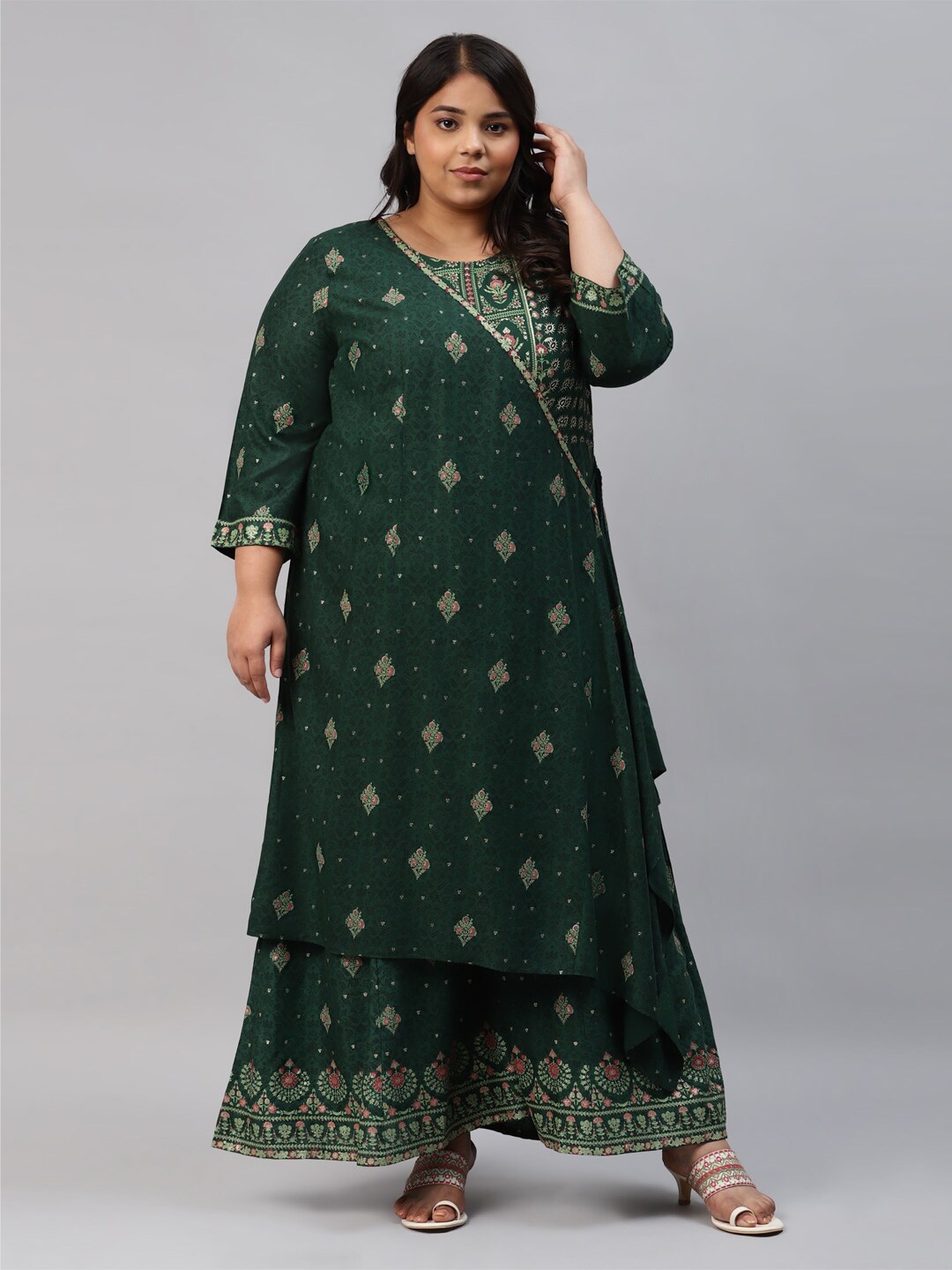 

W Plus Size Green Printed with Layered Jumpsuit