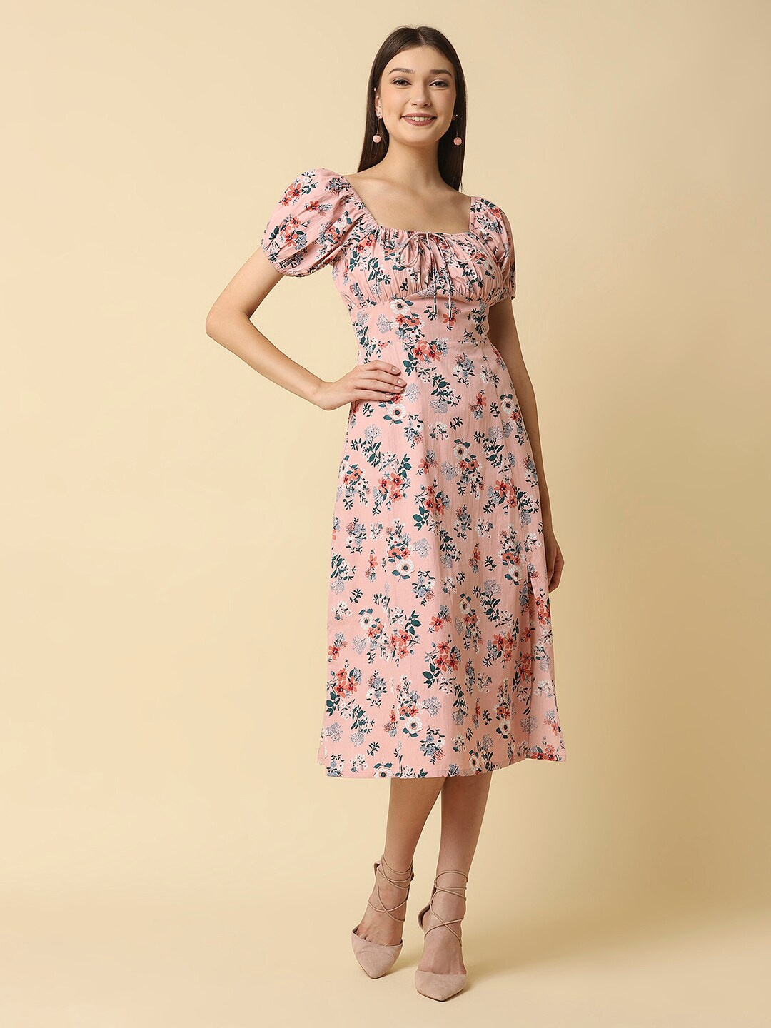 

RAASSIO Women Pink Floral Cotton Midi Dress