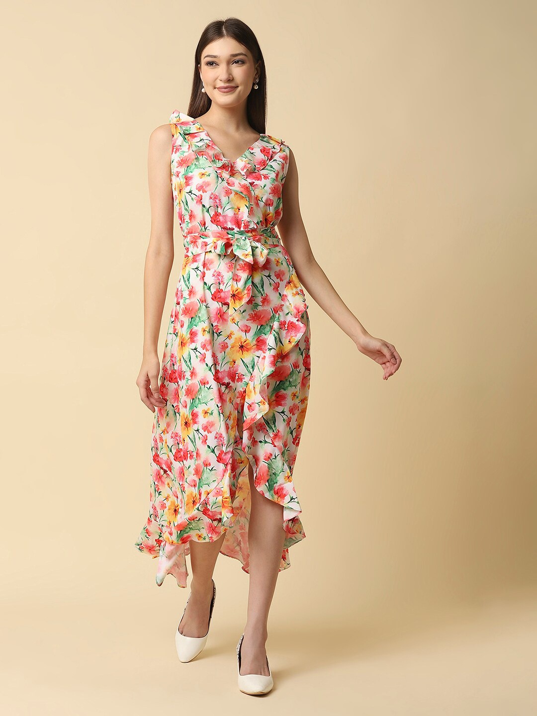 

RAASSIO Off White & Pink Floral A-Line Dress