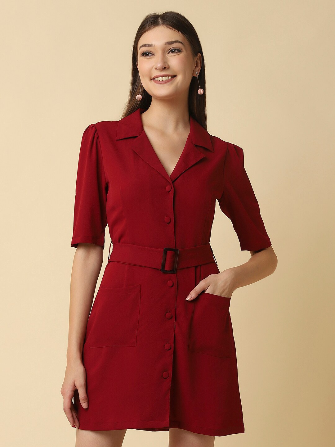 

RAASSIO Women Maroon Crepe Shirt Dress
