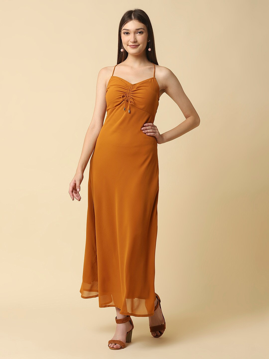 

RAASSIO Mustard Yellow Crepe A-Line Maxi Dress