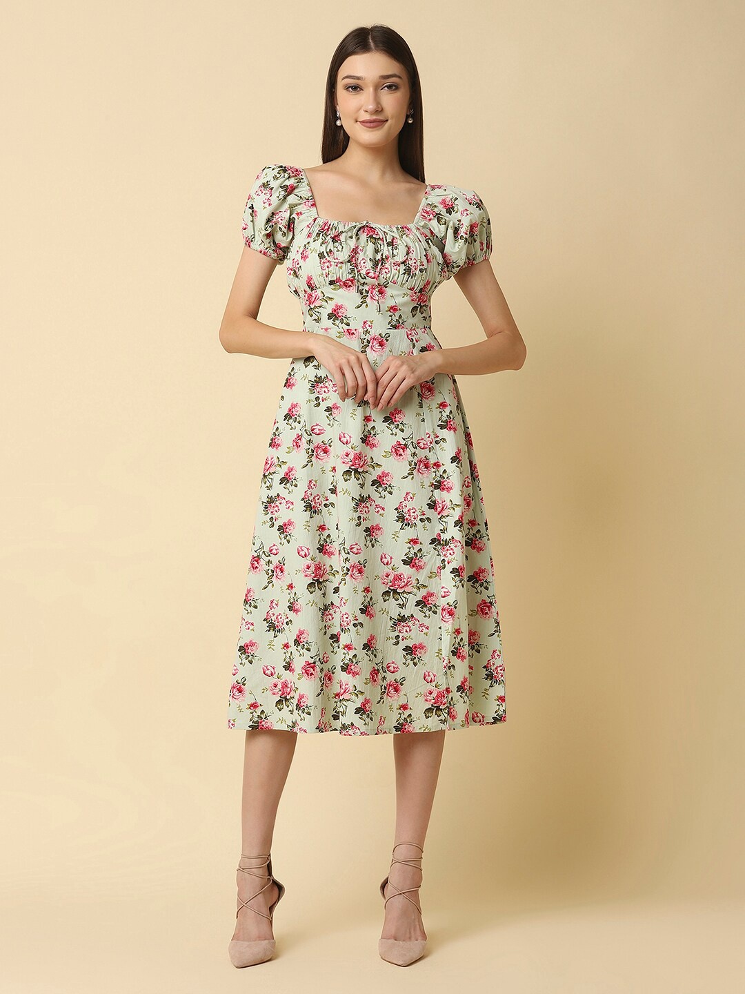 

RAASSIO Women Green Floral Printed Cotton Midi Dress