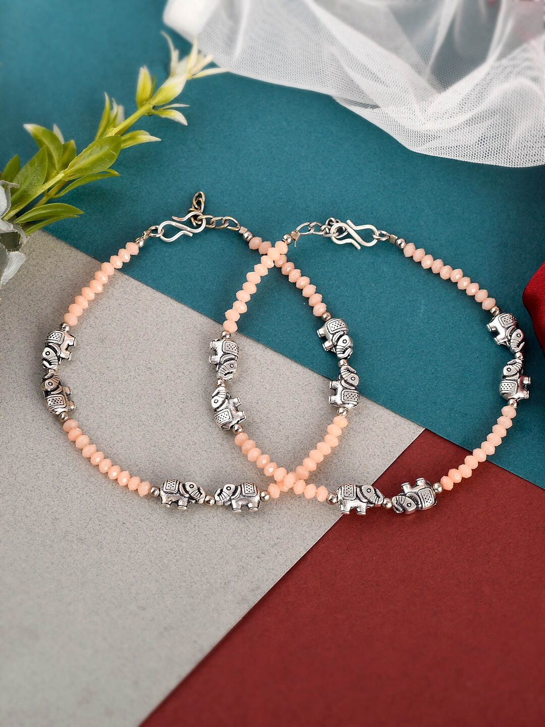 

Silvermerc Designs Women Elephant Charm Oxidised Ankle Bracelet, Peach