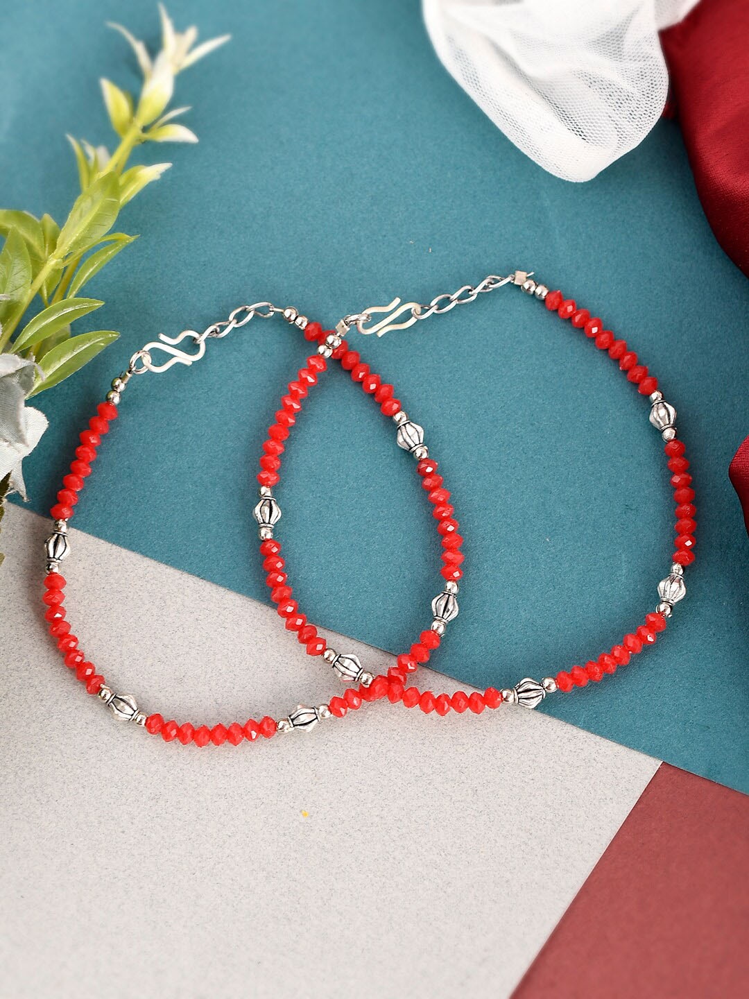 

Silvermerc Designs Set of 2 Silver Plated Red Beads Anklets