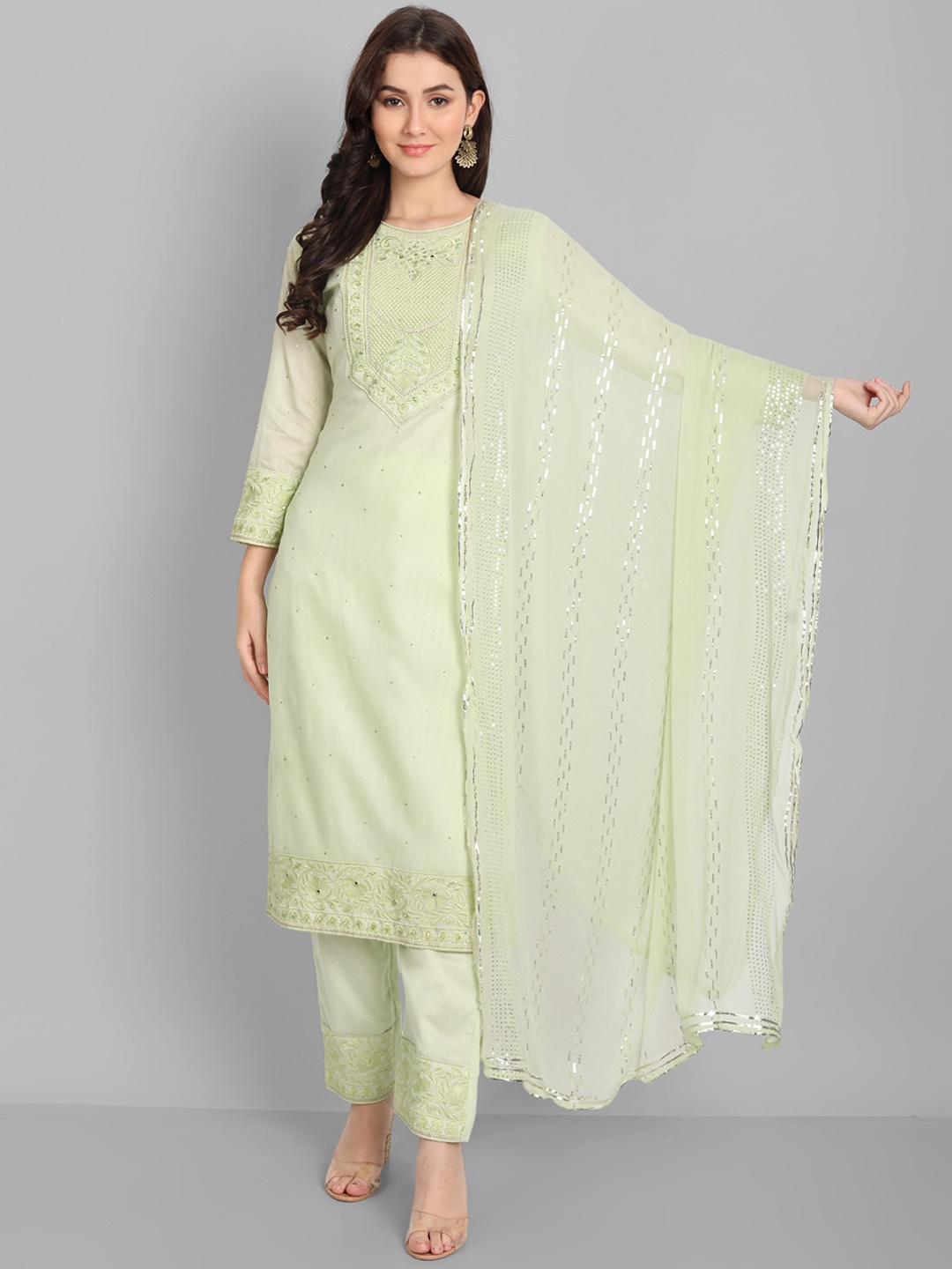 

Pakiza Women Sea Green Embroidered Thread Work Kurta with Trousers & Dupatta