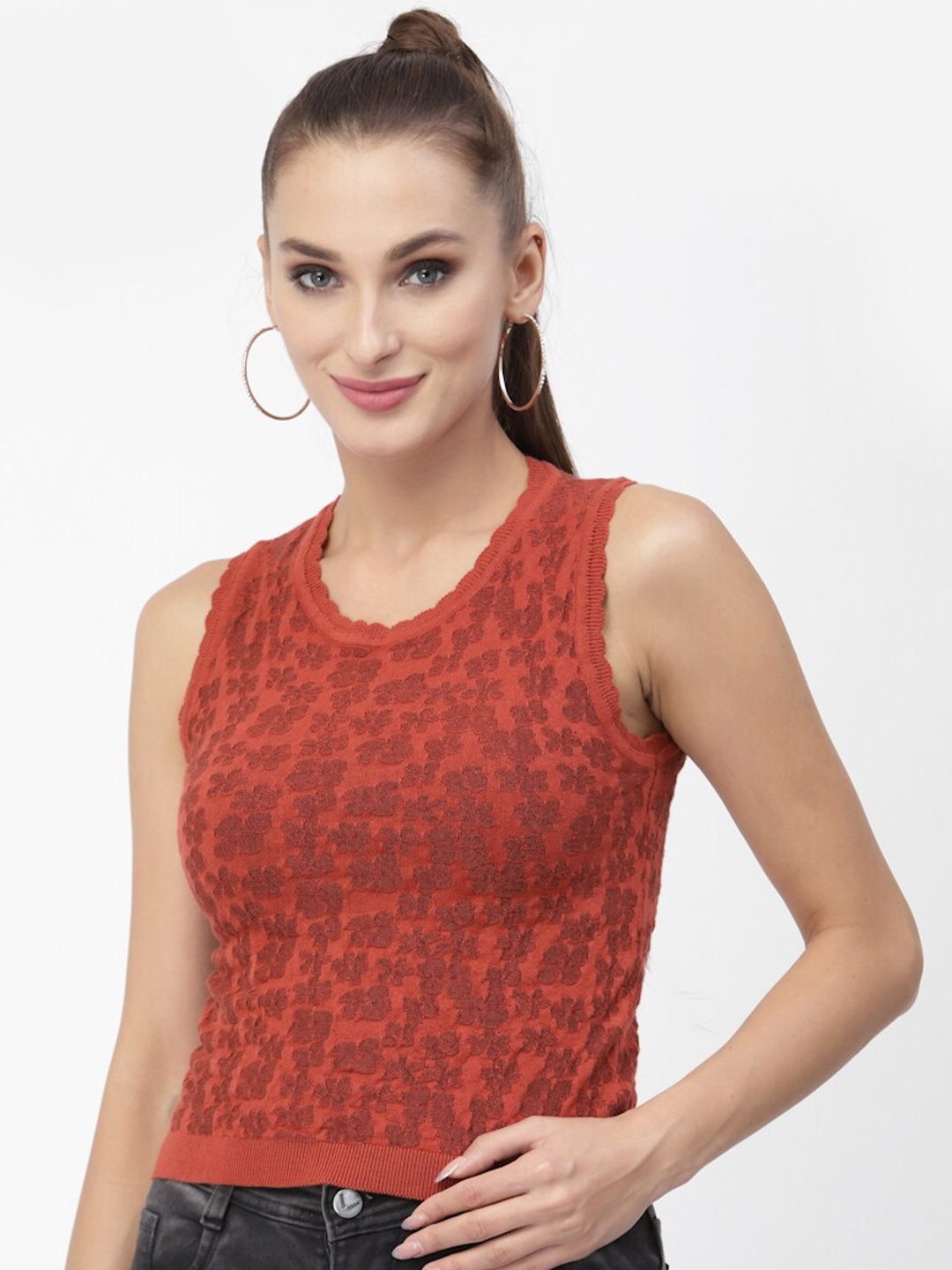 

Kalt Women Fancy Ribbed Knit Top, Rust