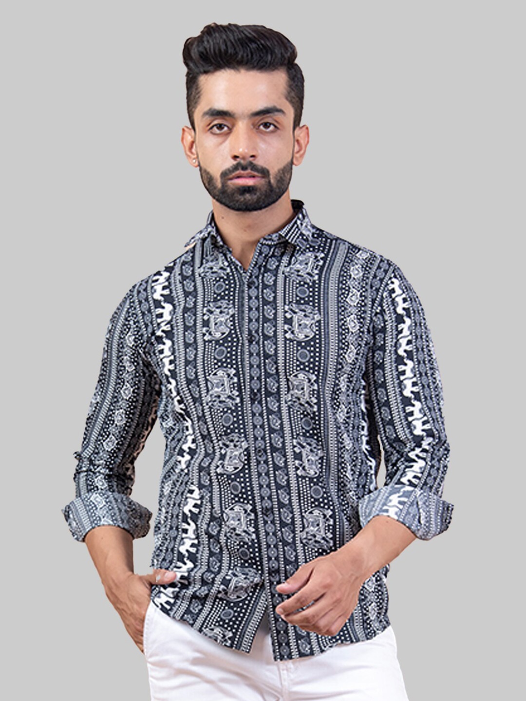 

Tistabene Men Black Premium Elephant Printed Casual Shirt