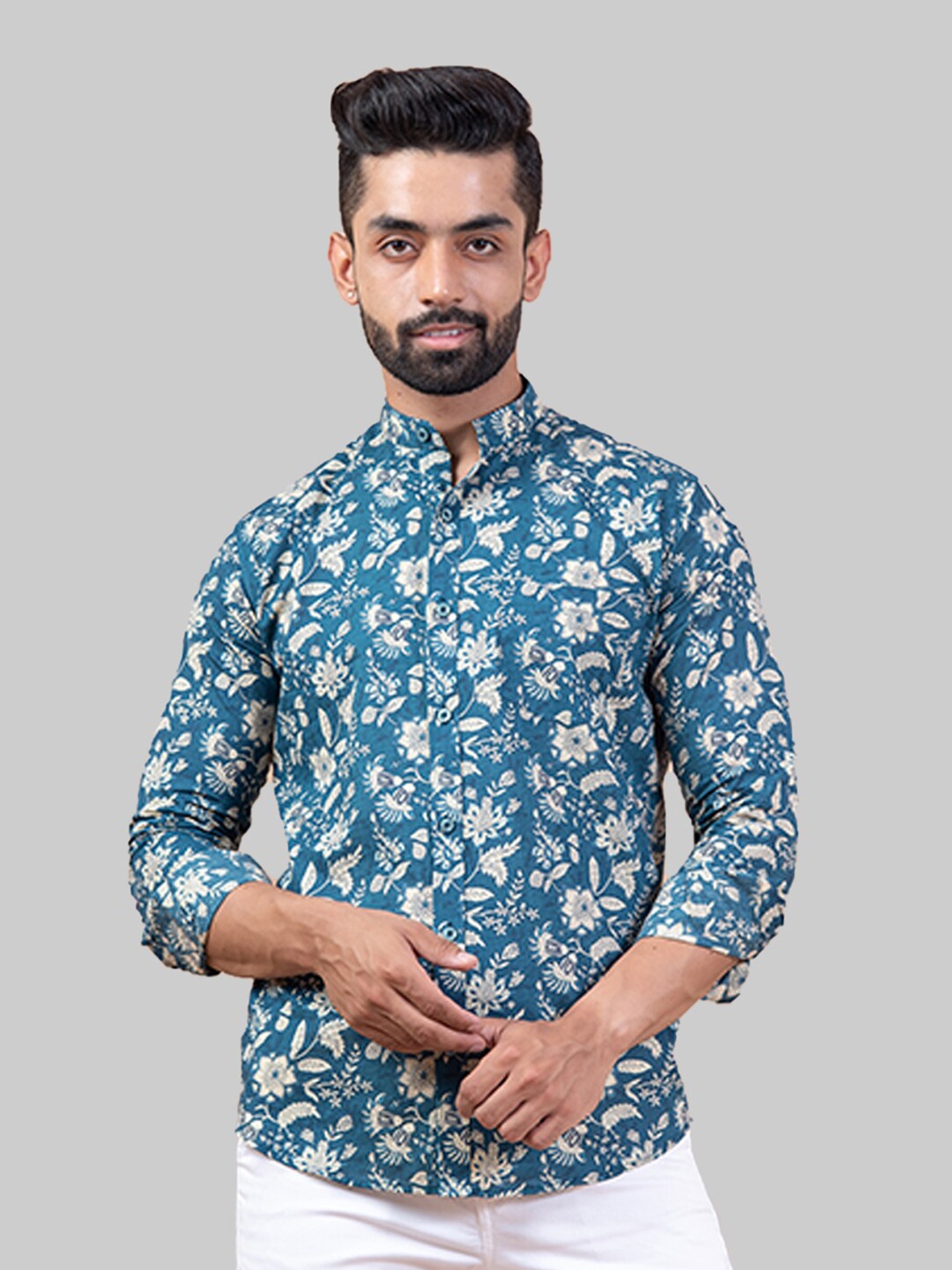 

Tistabene Men Teal Blue Premium Regular Fit Floral Printed Cotton Casual Shirt