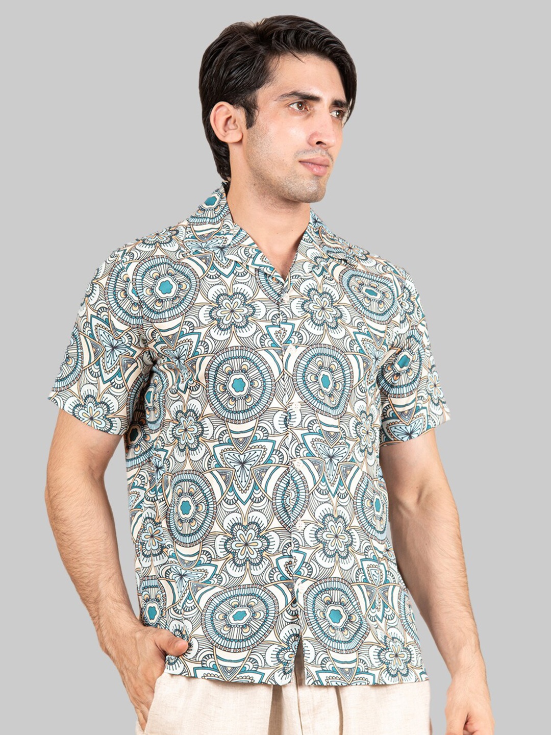 

Tistabene Men Cream & Blue Premium Printed Casual Shirt