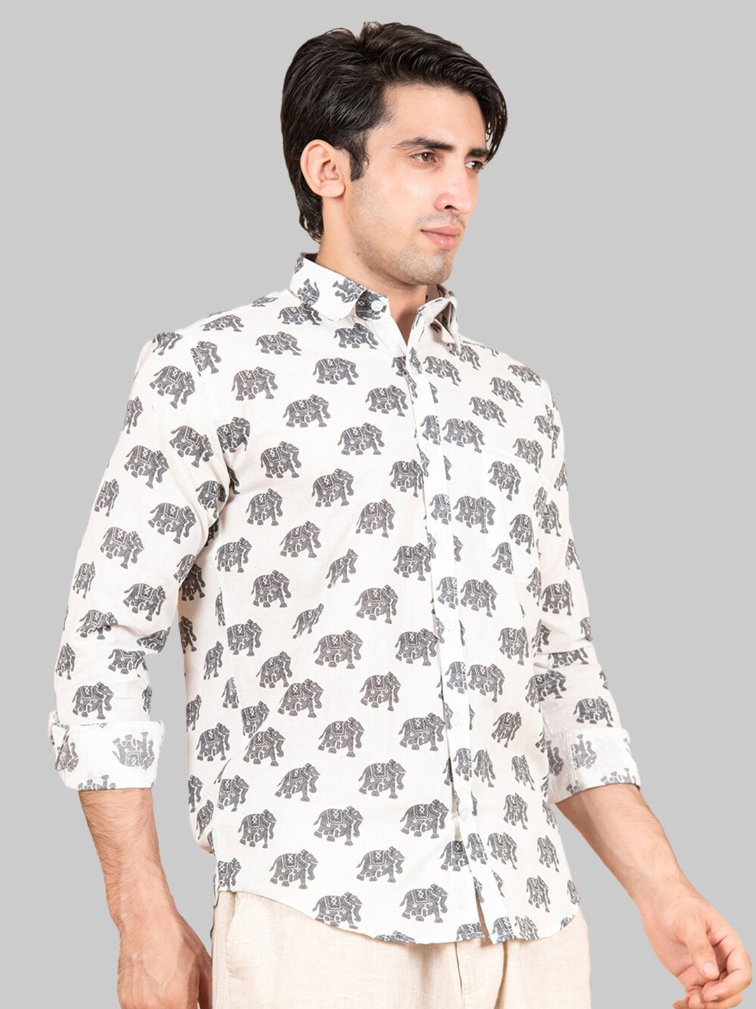 

Tistabene Men White Premium Elephant Printed Casual Shirt