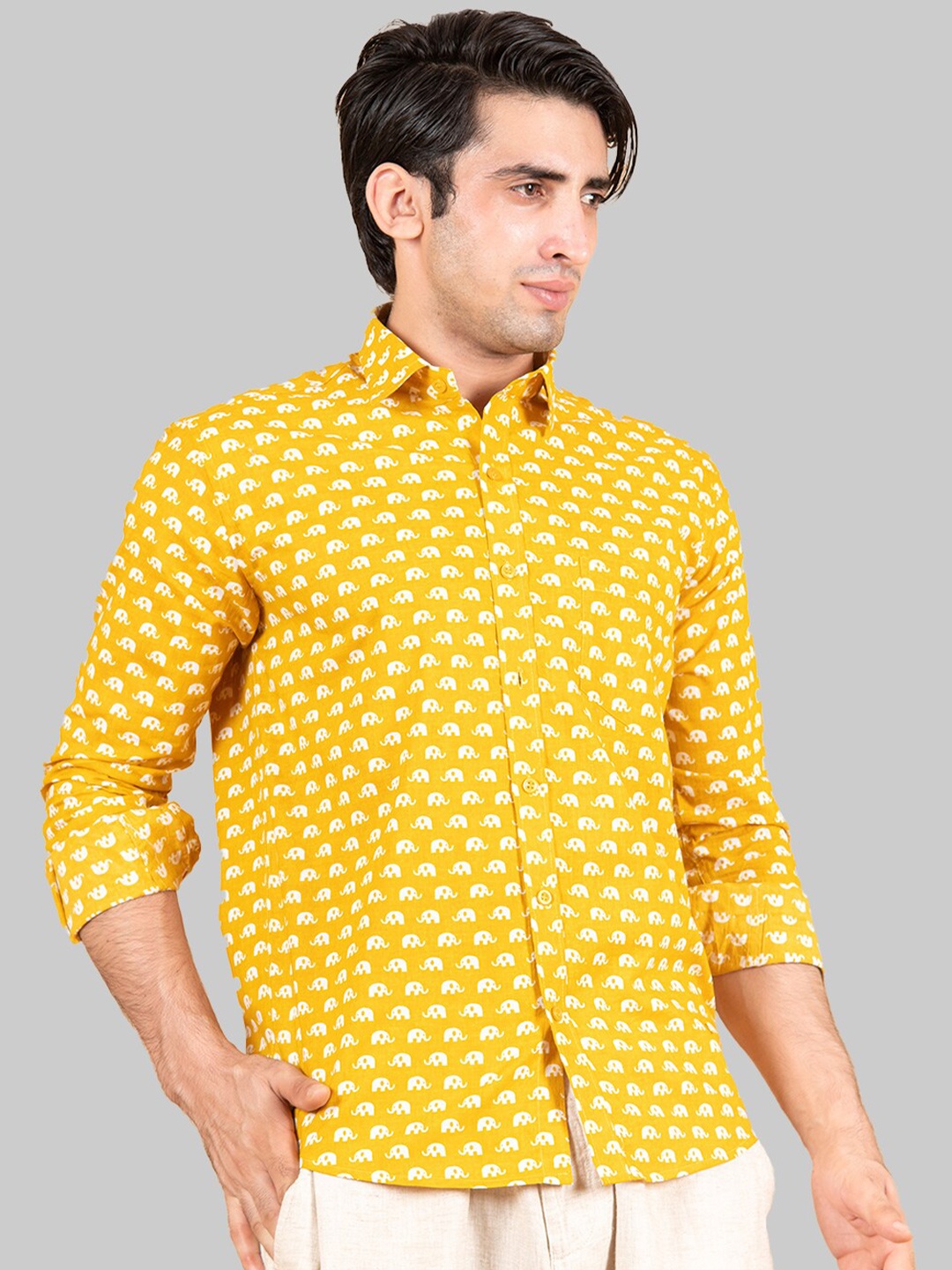 

Tistabene Men Mustard Premium Elephant Printed Casual Shirt