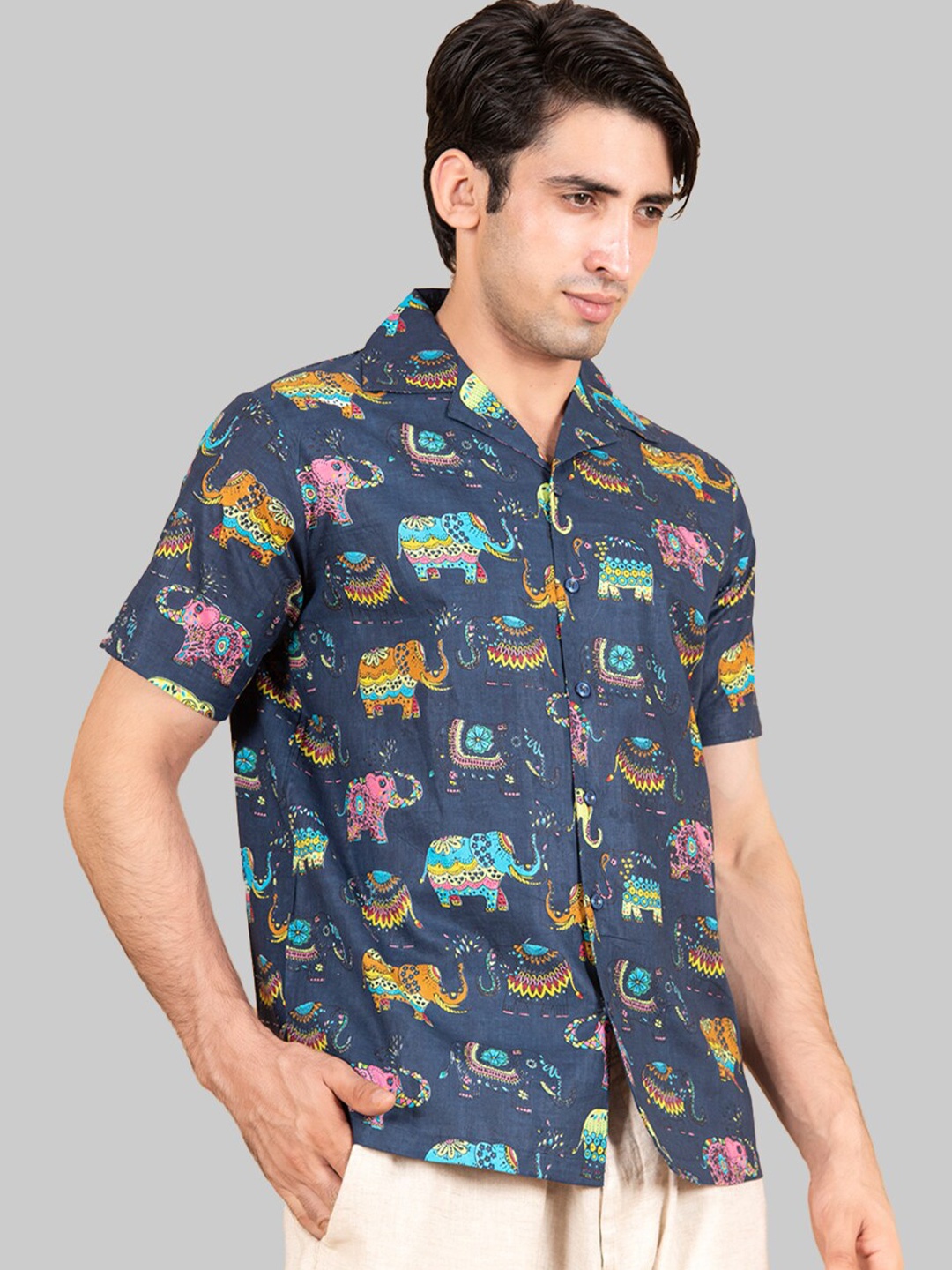 

Tistabene Men Blue Premium Elephant Printed Cotton Casual Shirt