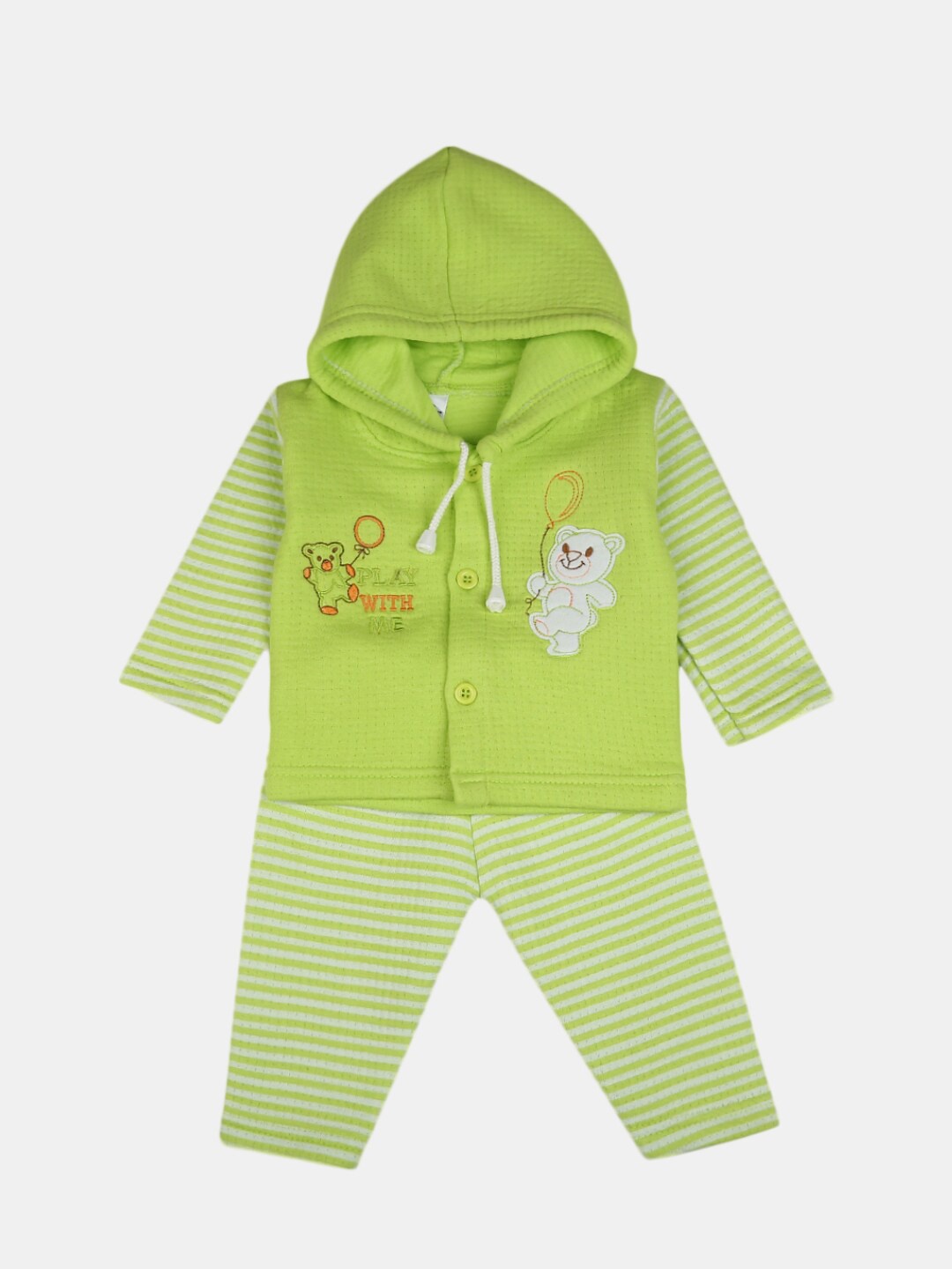 

V-Mart Unisex Kids Green And Off White Printed Hooded T Shirt With Pyjama