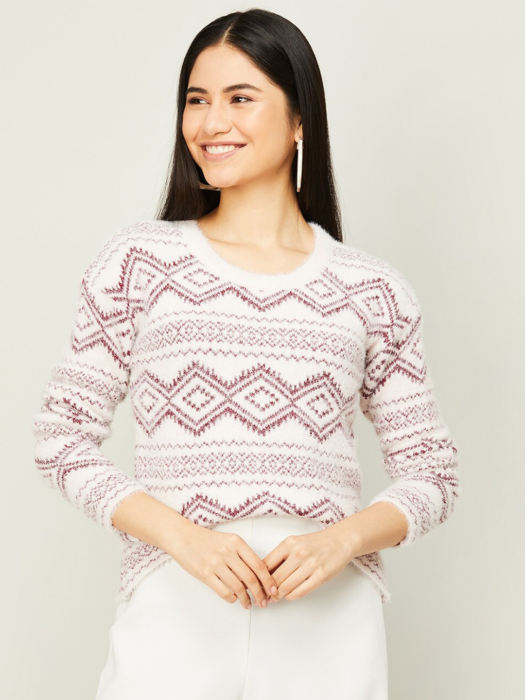 

CODE by Lifestyle Women Off White & Pink Geometric Print Top