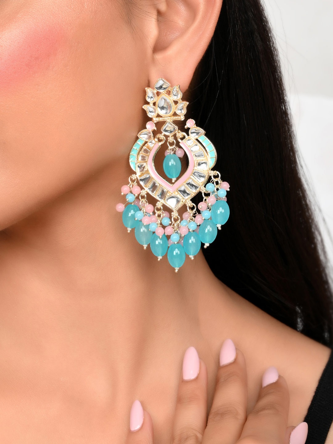 

AQUASTREET JEWELS Blue Crescent Shaped Kundan Chandbalis Earrings