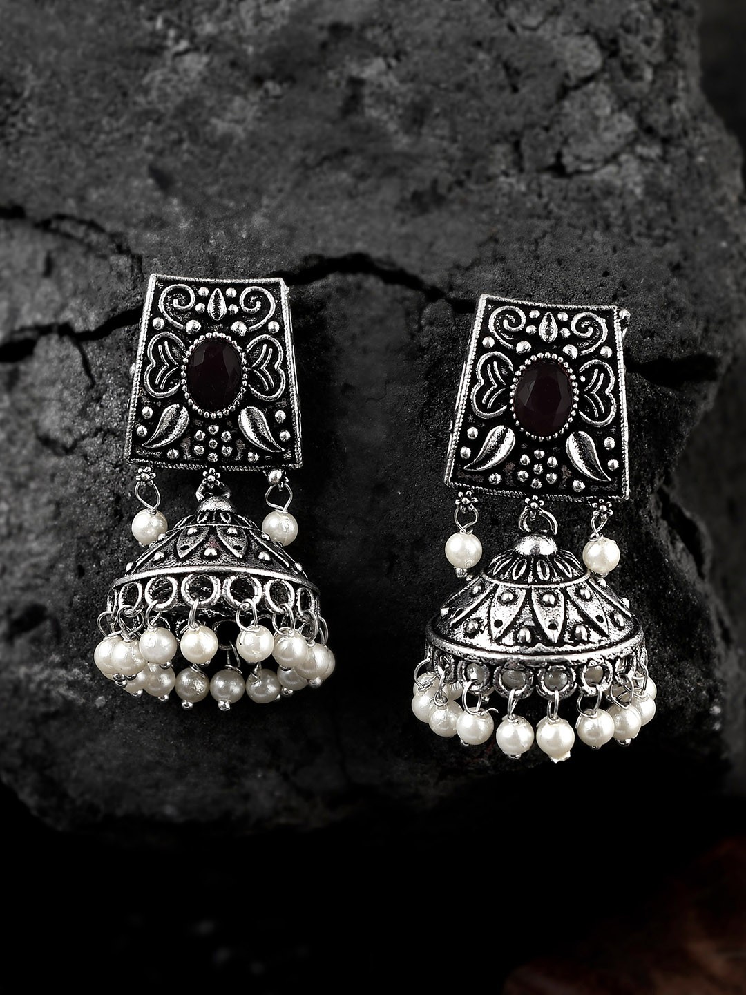 

AQUASTREET JEWELS Black & White Dome Shaped Silver-plated Jhumkas Earrings