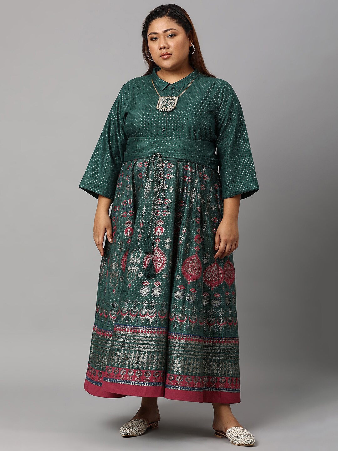 

W Women Green Plus Size Ethnic Motifs Ethnic Maxi Dress