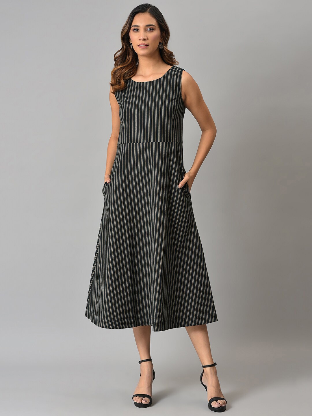 

W Black & Grey Striped Pure Cotton A-Line Midi Dress