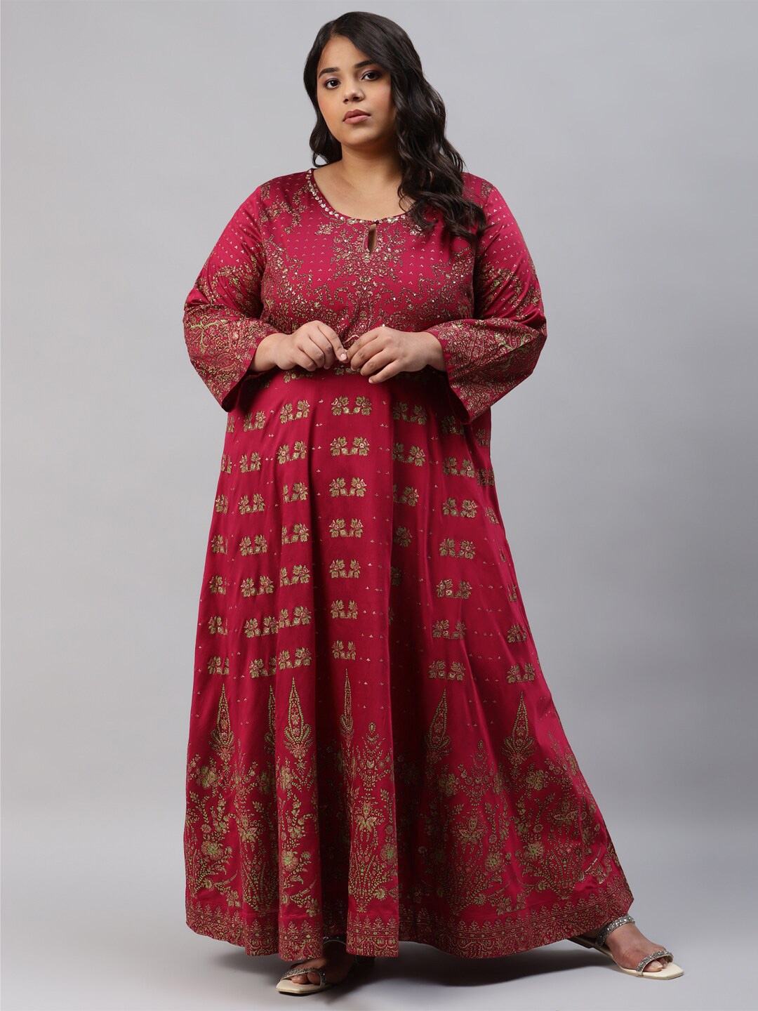 

W Women Plus Size Maroon Ethnic Motifs Keyhole Neck Maxi Ethnic Dress