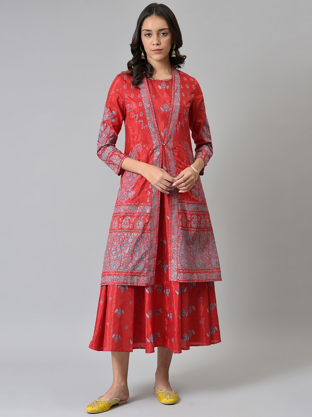 

W Women Red & Blue Printed Layered Ethnic Midi Dress