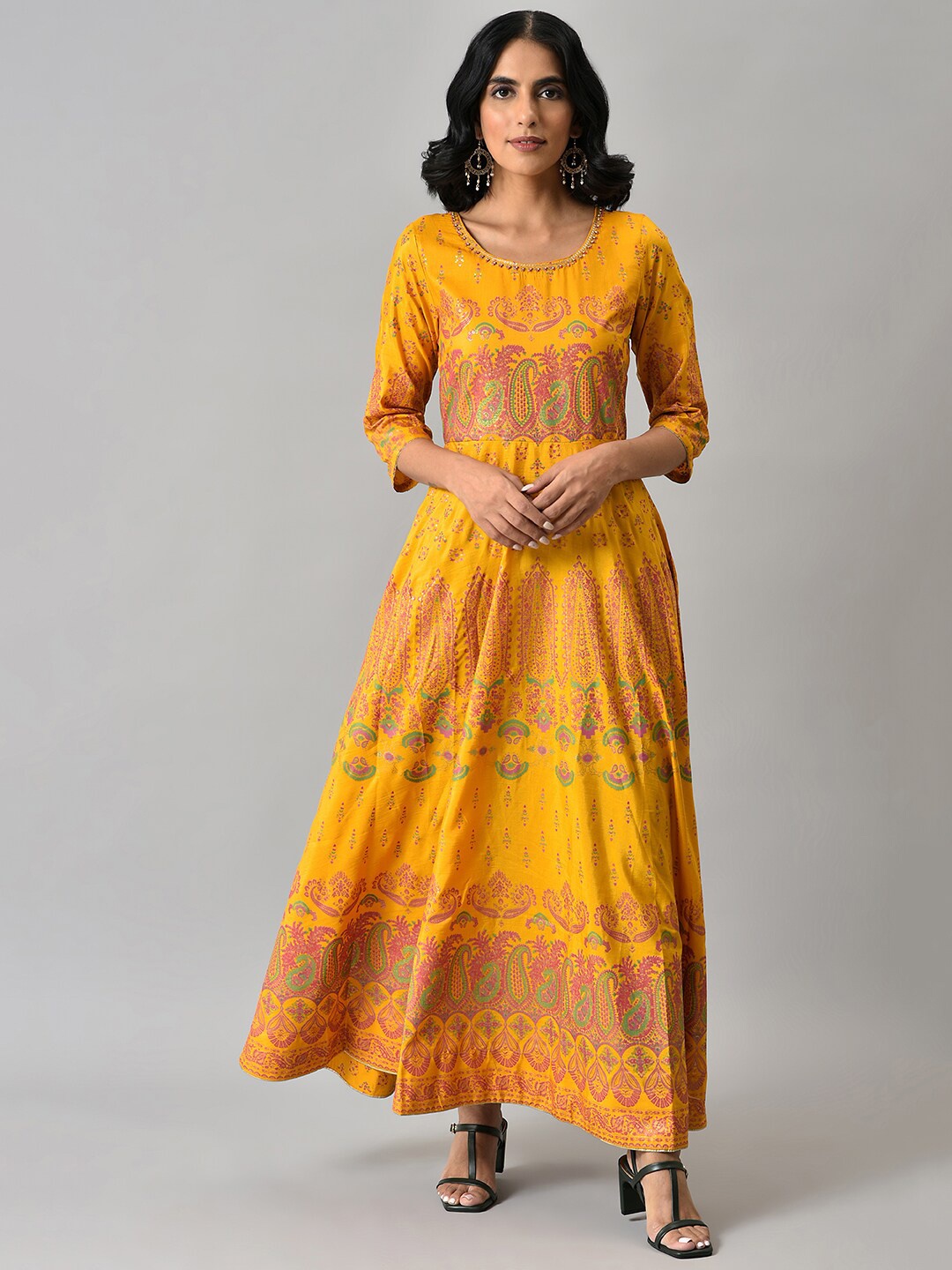 

W Women Yellow & Pink Printed Polyester Ethnic Maxi Dress, Mustard
