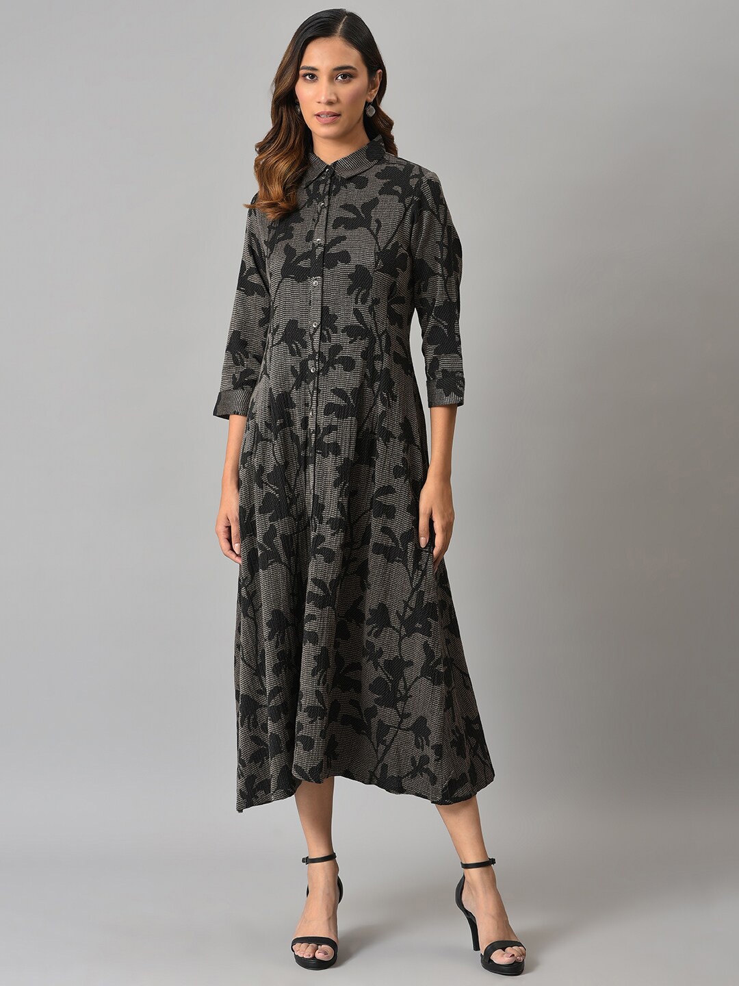 

W Floral Printed Midi Cotton Dress, Black