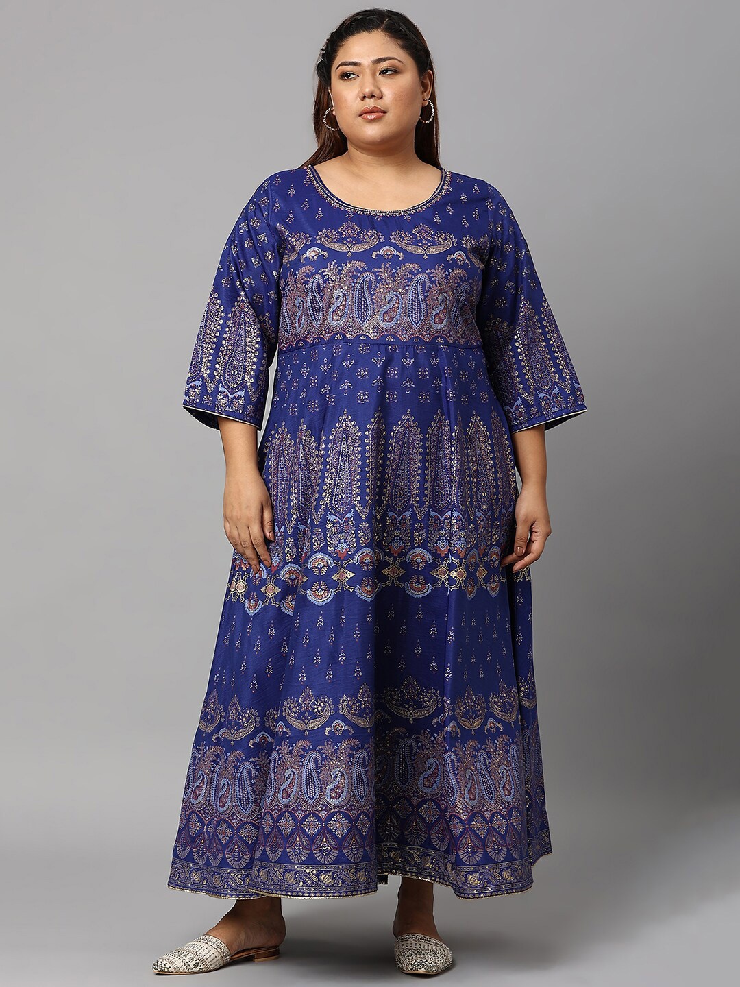 

W Women Plus Size Blue Ethnic Motifs Ethnic Maxi Dress