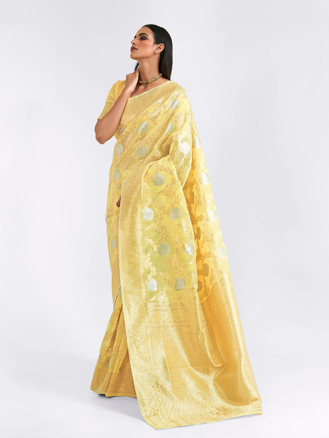 

elora Yellow & Gold-Toned Floral Zari Silk Blend Saree