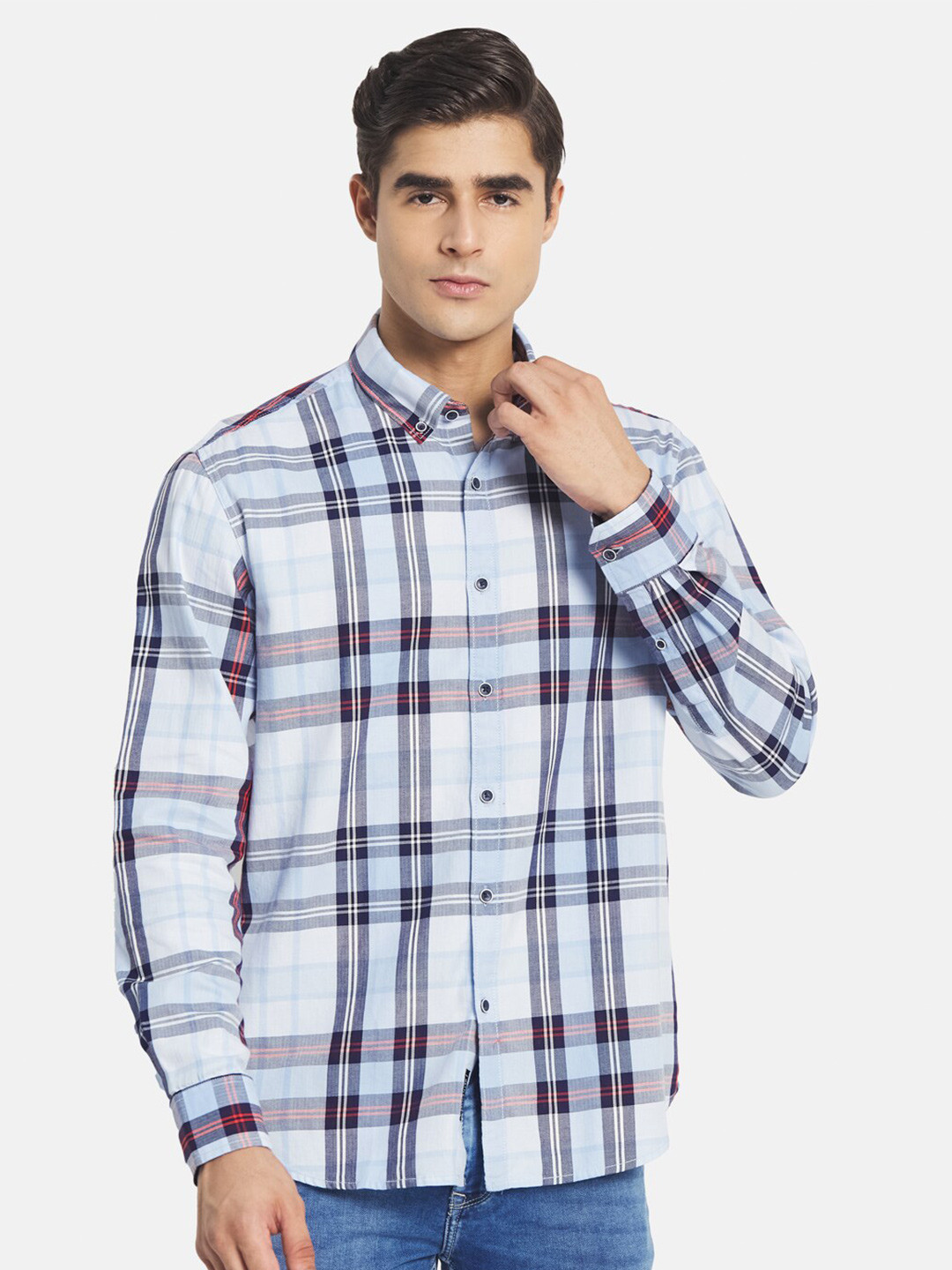 

METTLE Men Blue Regular Fit Tartan Checked Cotton Casual Shirt
