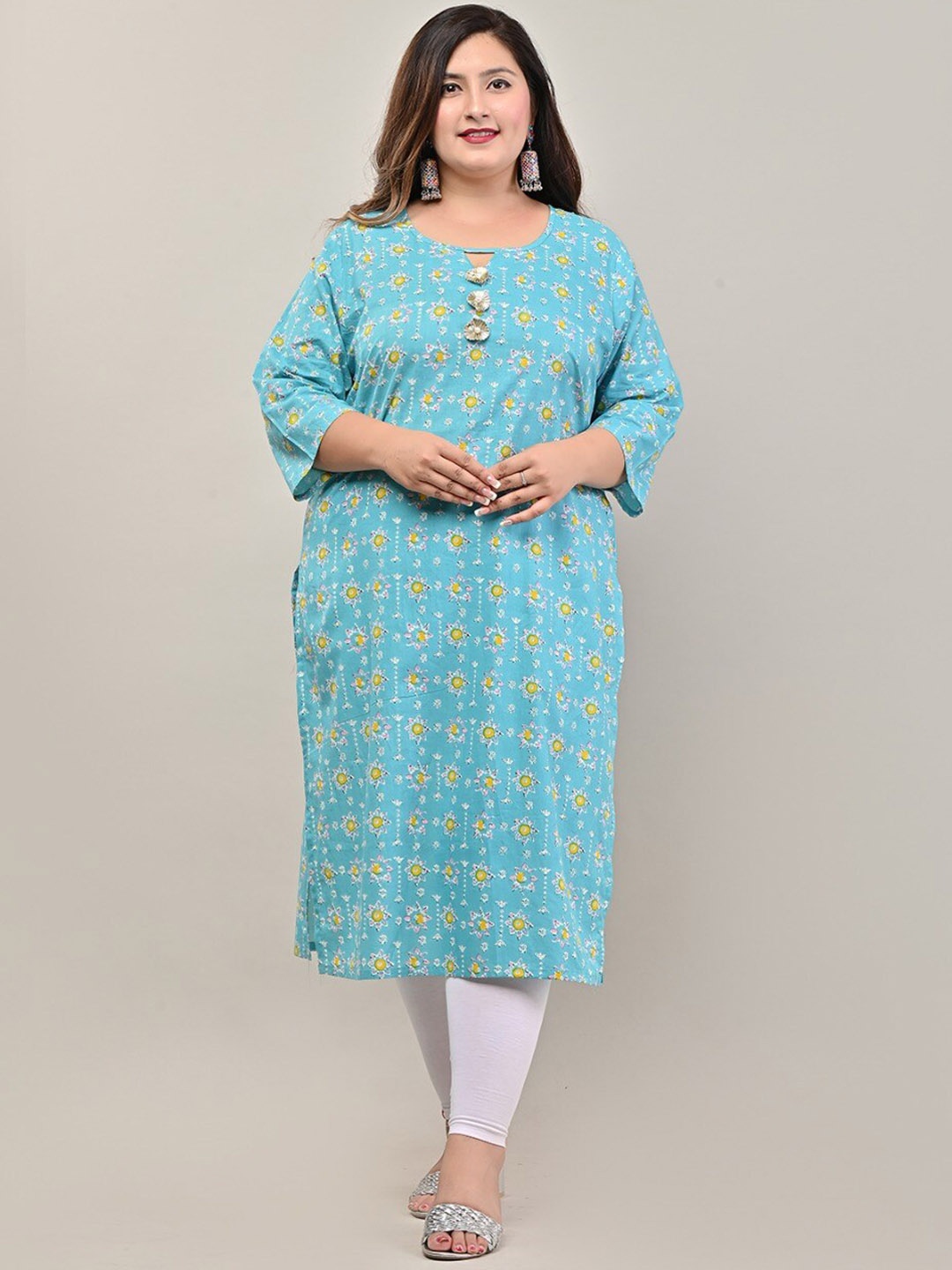 

Swasti Women Plus Size Blue And Orange Floral Block Printed Cotton Straight Kurta