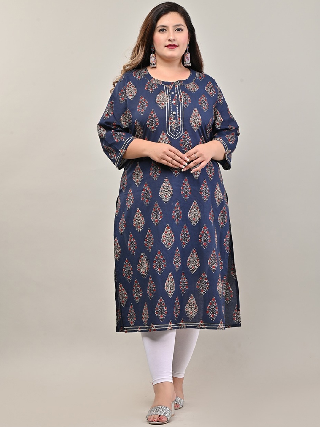 

Swasti Women Plus Size Blue Ethnic Motifs Printed Floral Cotton Kurta