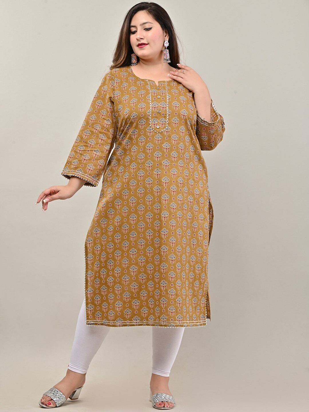 

Swasti Women Plus Size Mustard Yellow Ethnic Motifs Printed Pure Cotton Gotta Patti Kurta