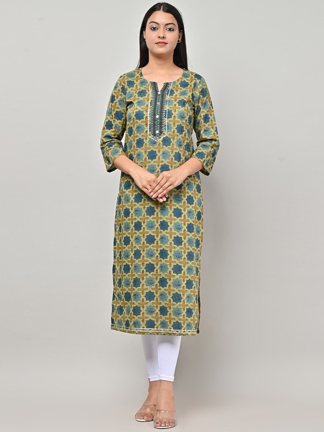 

Swasti Women Olive Green & Blue Geometric Embroidered Keyhole Neck Floral Kurta