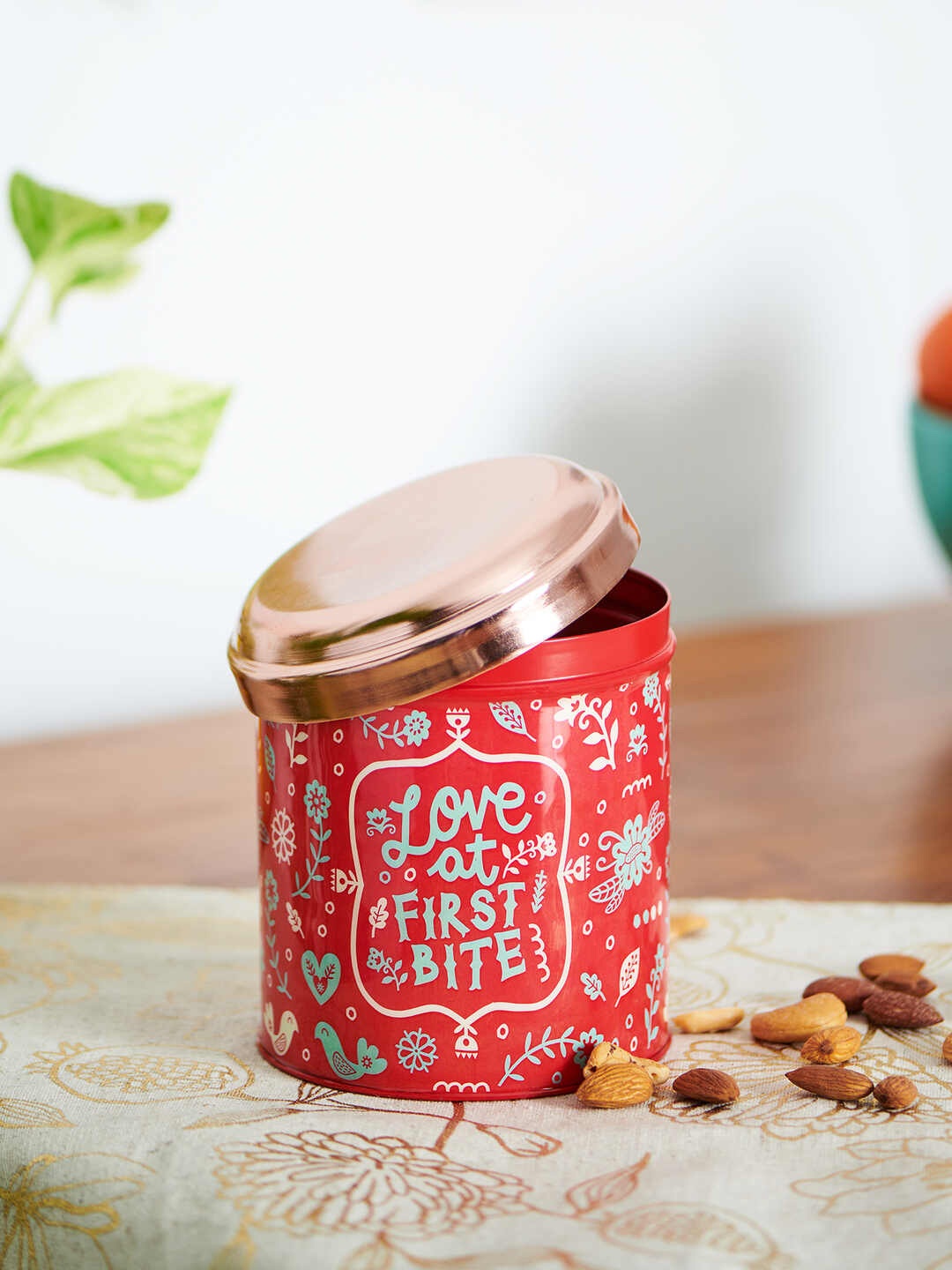 

Chumbak Red & Copper-Toned Floral Patterned Iron Food Container With Lid