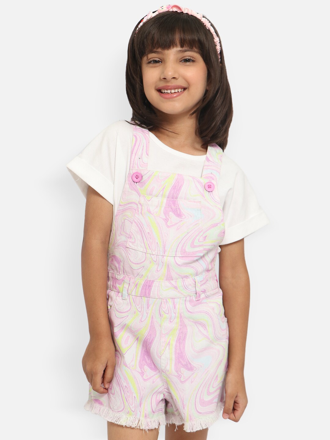 

Nauti Nati Girls Pink & White Printed Cotton Dungaree