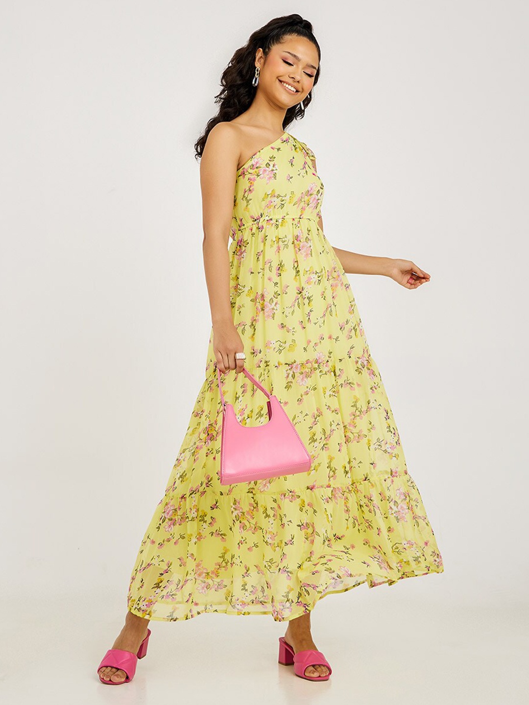 

Styli Yellow & Pink Floral Print One Shoulder Tie-Up A-Line Maxi Dress