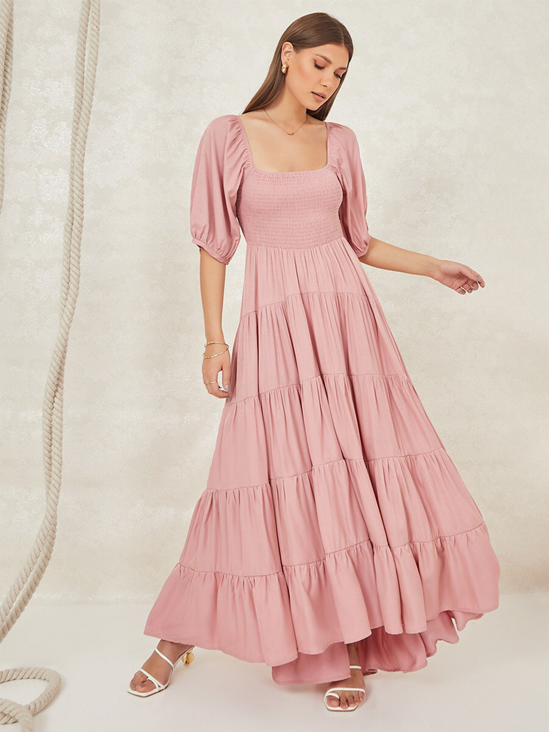 

Styli Women Pink Square Neck Short Puff Sleeves Tiered Maxi Dress