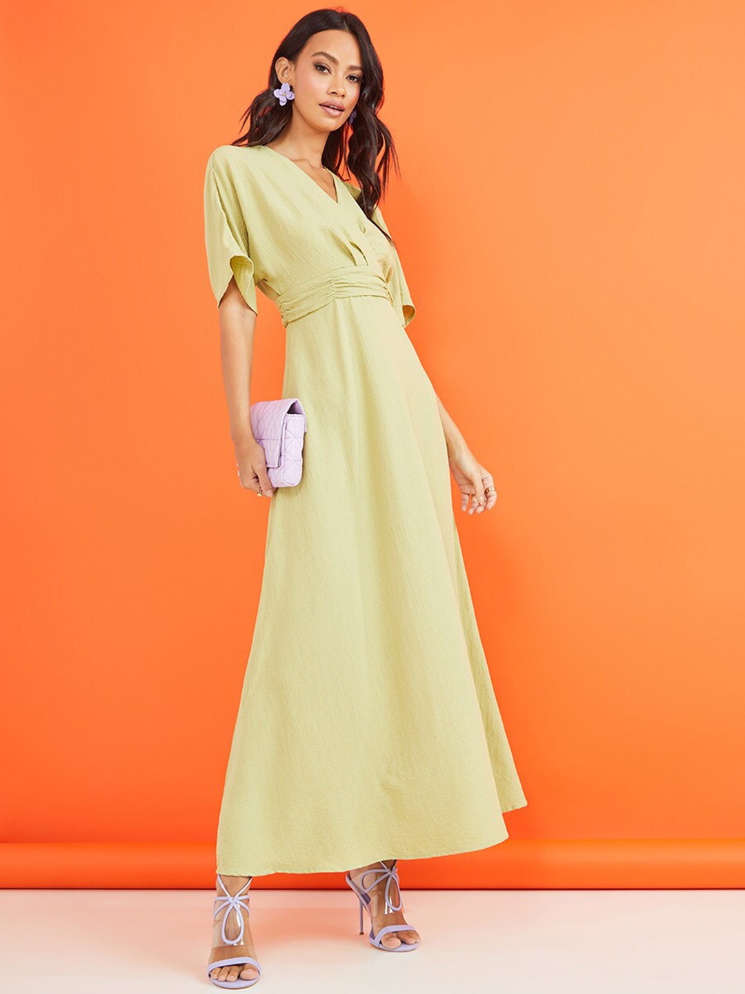

Styli Women Green Short Sleeves Wrap Front Textured A-Line Maxi Dress